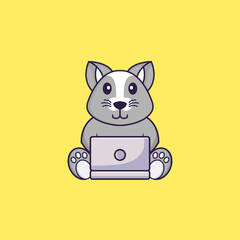 Cute rat using laptop. Animal cartoon concept isolated. Can used for t-shirt, greeting card, invitation card or mascot. Flat Cartoon Style