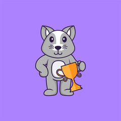 Cute rat holding gold trophy. Animal cartoon concept isolated. Can used for t-shirt, greeting card, invitation card or mascot. Flat Cartoon Style
