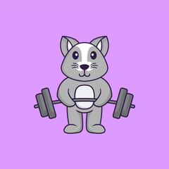 Cute rat lifts the barbell. Animal cartoon concept isolated. Can used for t-shirt, greeting card, invitation card or mascot. Flat Cartoon Style