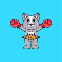 Cute rat in boxer costume with champion belt. Animal cartoon concept isolated. Can used for t-shirt, greeting card, invitation card or mascot. Flat Cartoon Style