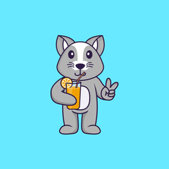 Cute rat holding orange juice in glass. Animal cartoon concept isolated. Can used for t-shirt, greeting card, invitation card or mascot. Flat Cartoon Style