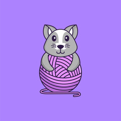 Cute rat playing with wool yarn. Animal cartoon concept isolated. Can used for t-shirt, greeting card, invitation card or mascot. Flat Cartoon Style