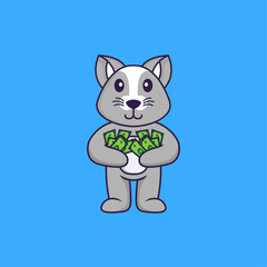 Cute rat holding money. Animal cartoon concept isolated. Can used for t-shirt, greeting card, invitation card or mascot. Flat Cartoon Style