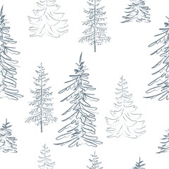 Elegant outline drawing of pine tree seamless pattern. Vector illustration