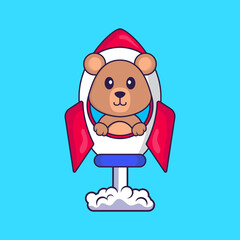 Cute rat flying on rocket. Animal cartoon concept isolated. Can used for t-shirt, greeting card, invitation card or mascot. Flat Cartoon Style