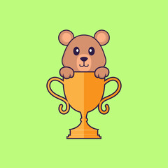 Cute rat with gold trophy. Animal cartoon concept isolated. Can used for t-shirt, greeting card, invitation card or mascot. Flat Cartoon Style
