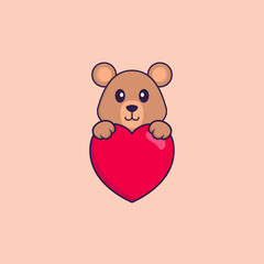 Cute rat holding a big red heart. Animal cartoon concept isolated. Can used for t-shirt, greeting card, invitation card or mascot. Flat Cartoon Style