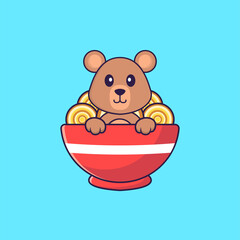 Cute rat eating ramen noodles. Animal cartoon concept isolated. Can used for t-shirt, greeting card, invitation card or mascot. Flat Cartoon Style