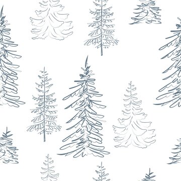 Elegant outline drawing of pine tree seamless pattern. Vector illustration
