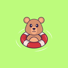 Cute rat is Swimming with a buoy. Animal cartoon concept isolated. Can used for t-shirt, greeting card, invitation card or mascot. Flat Cartoon Style