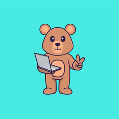 Cute rat holding laptop. Animal cartoon concept isolated. Can used for t-shirt, greeting card, invitation card or mascot. Flat Cartoon Style