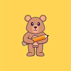 Cute rat holding a pencil. Animal cartoon concept isolated. Can used for t-shirt, greeting card, invitation card or mascot. Flat Cartoon Style