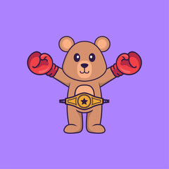 Cute rat in boxer costume with champion belt. Animal cartoon concept isolated. Can used for t-shirt, greeting card, invitation card or mascot. Flat Cartoon Style