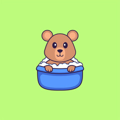 Cute rat taking a bath in the bathtub. Animal cartoon concept isolated. Can used for t-shirt, greeting card, invitation card or mascot. Flat Cartoon Style