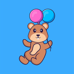 Cute squirrel flying with two balloons. Animal cartoon concept isolated. Can used for t-shirt, greeting card, invitation card or mascot. Flat Cartoon Style