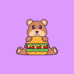 Cute squirrel eating burger. Animal cartoon concept isolated. Can used for t-shirt, greeting card, invitation card or mascot. Flat Cartoon Style