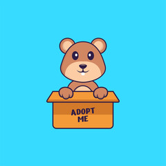 Cute squirrel in box with a poster Adopt me. Animal cartoon concept isolated. Can used for t-shirt, greeting card, invitation card or mascot. Flat Cartoon Style