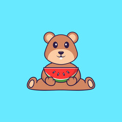 Cute squirrel eating watermelon. Animal cartoon concept isolated. Can used for t-shirt, greeting card, invitation card or mascot. Flat Cartoon Style