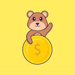 Cute squirrel holding coin. Animal cartoon concept isolated. Can used for t-shirt, greeting card, invitation card or mascot. Flat Cartoon Style