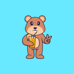 Cute squirrel holding orange juice in glass. Animal cartoon concept isolated. Can used for t-shirt, greeting card, invitation card or mascot. Flat Cartoon Style