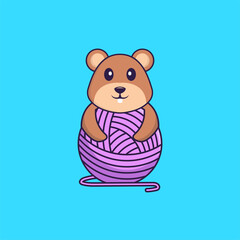 Cute squirrel playing with wool yarn. Animal cartoon concept isolated. Can used for t-shirt, greeting card, invitation card or mascot. Flat Cartoon Style