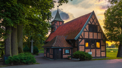 Church in the village of Wróblewo on the Motława River near the city of Gdańsk, built in the 16th century. Catholic Church of the Blessed Virgin Mary. (formerly Evangelical). The building was made of 