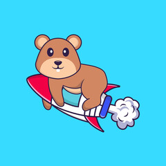 Cute squirrel flying on rocket. Animal cartoon concept isolated. Can used for t-shirt, greeting card, invitation card or mascot. Flat Cartoon Style