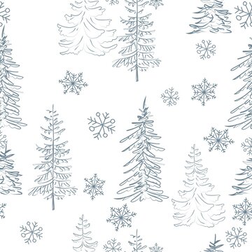 Elegant outline drawing of pine tree seamless pattern. Vector illustration.