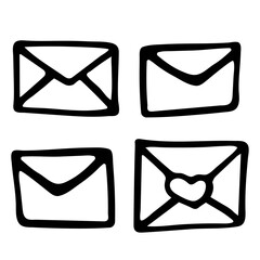 A set of simple doodle images of letter envelopes. Vector line illustration