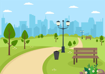 City Park Illustration For People Doing Sport, Relaxing, Playing Or Recreation With Green Tree And Lawn. Scenery Urban Background - obrazy, fototapety, plakaty