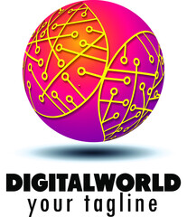 Digital sphere global link technology logo concept design. 3D three-dimensional style. Symbol graphic template element vector