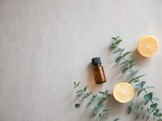 Fototapeta na wymiar レモンやオレンジ柑橘系とユーカリの葉。リラックス・アロマの香り。
