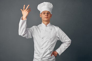 Naklejka premium man chef uniform gesturing with hand emotion professional