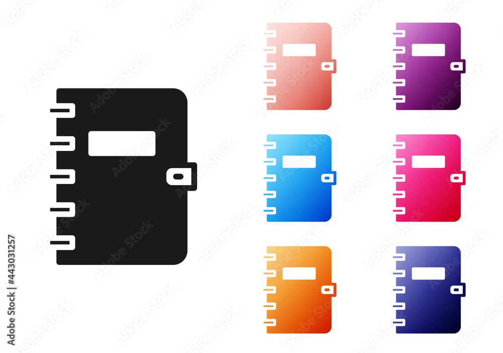 Poster black notebook icon isolated on white background. spiral notepad icon. school notebook. writing pad.