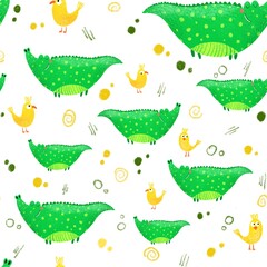 Obraz premium Seamless pattern with crocodiles , birds and other elements on light background. Cartoon style illustration. Design for clothing fabric and other items.