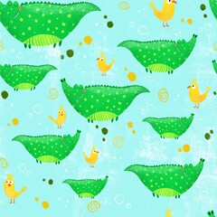 Seamless pattern with crocodiles , birds and other elements on light background. Cartoon style illustration. Design for clothing fabric and other items.