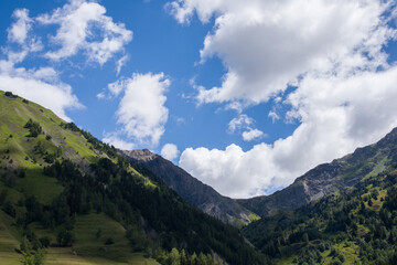 Naklejka premium Vue panoramique sur une vallée de haute montagne. Une vallée des Alpes. Un paysage de montagnes en été.
