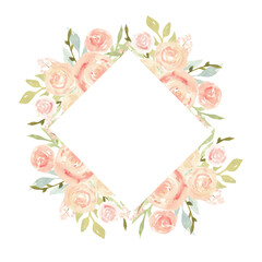 Blush flowers watercolor frame, pink roses watercolor border