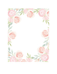 Blush flowers watercolor frame, pink roses watercolor border