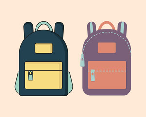 Set of backpacks isolated on a light background. Fashionable zippered bag, cartoon style. Flat style. Vector illustration for print and web