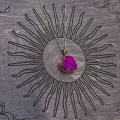 Stylish necklace, fashionable accessorize details. Gemstone, druse of stone