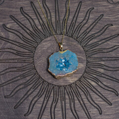 Stylish necklace, fashionable accessorize details. Gemstone, druse of stone