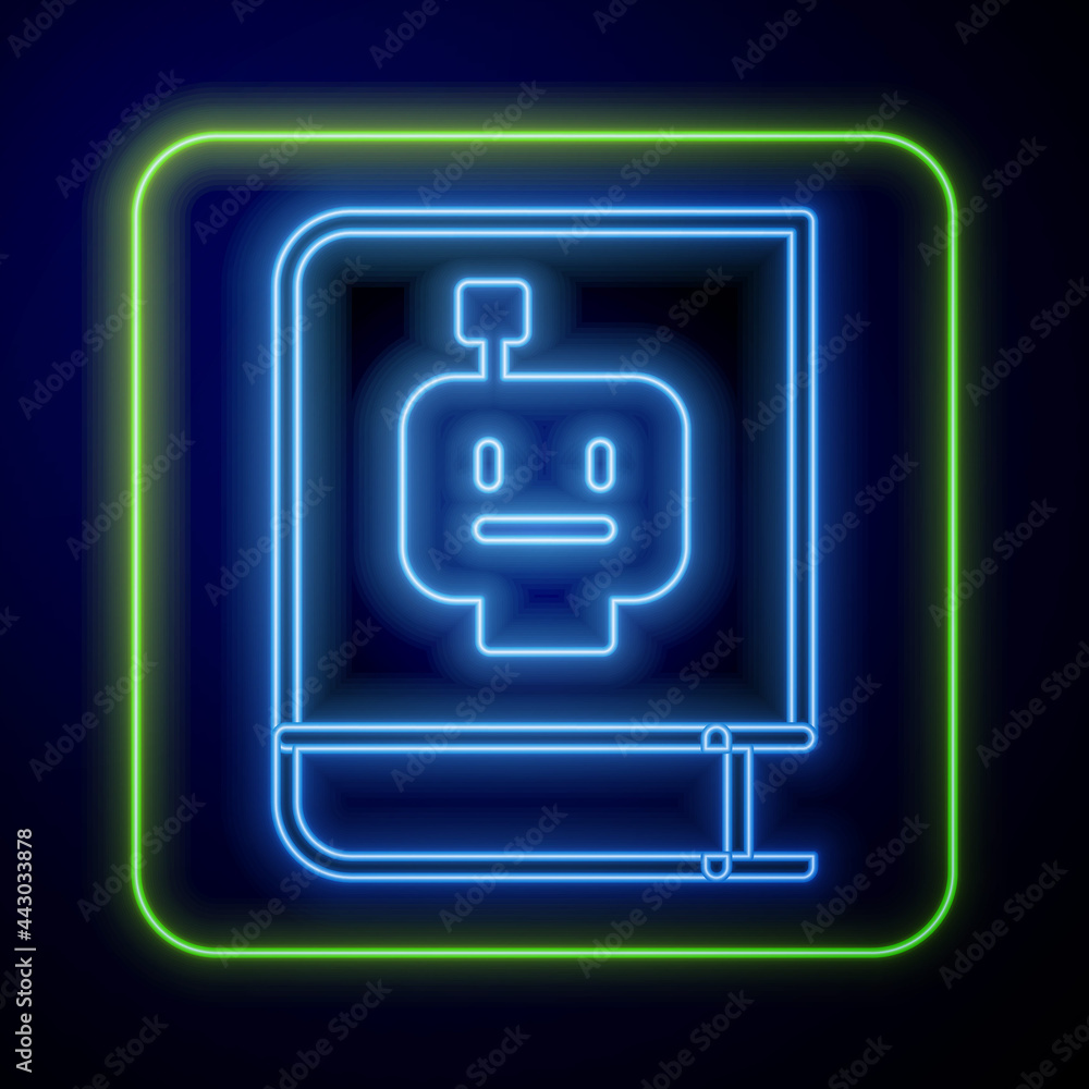 Poster glowing neon user manual icon isolated on blue background. user guide book. instruction sign. read b