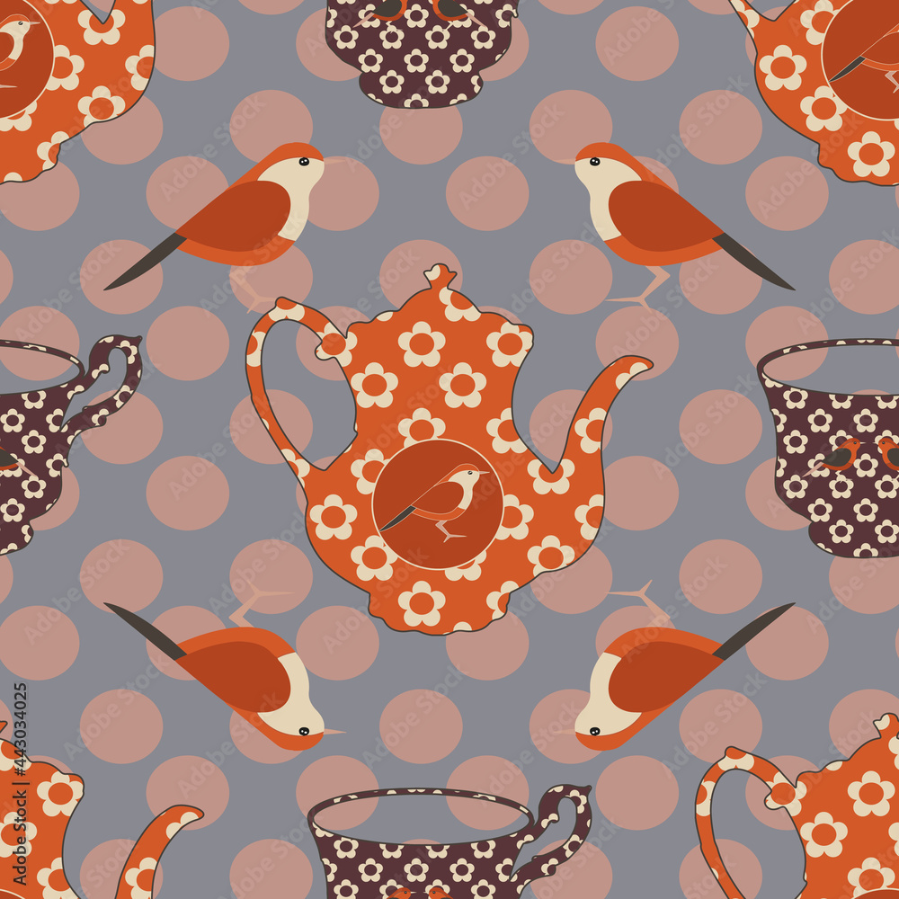Poster Teapot, cup and bird on an dot background vector seamless repeat pattern print