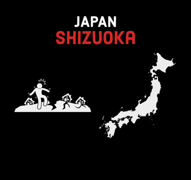 Illustration JAPAN SHIZUOKA with japan map and landslide icon on black background. There was a disaster in Shizuoka prefecture.