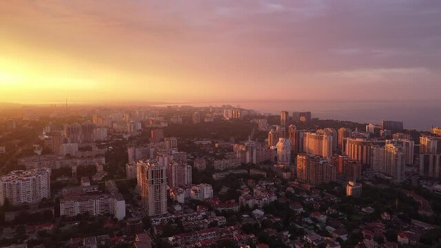 sunset over port city Odessa Ukraine