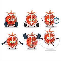 A healthy slice of pomegranate cartoon style trying some tools on Fitness center