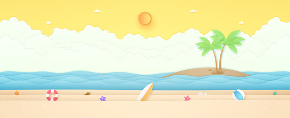 Fototapeta na wymiar Summer Time, seascape, landscape, starfish, balloon and summer stuff on beach with wavy sea and coconut tree on island, bright sun and sunny sky, paper art style