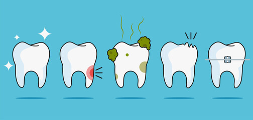 Happy teeth set. Cute tooth characters. Dental personage vector illustration. Dental concept for your design. Illustration for children dentistry. Oral hygiene, teeth cleaning. Teeth poster.
