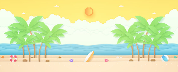 Summer Time, seascape, landscape, coconut trees and summer stuff on beach with wavy sea, bright sun and orange sunny sky, paper art style